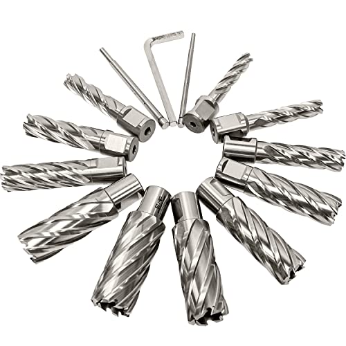 Annular Cutter Set 13 Pcs by S&F STEAD & FAST, Cutting Depth 2" Cutting Diameter 7/16" to 1-1/16" Inch, Mag Drill Bits Kit for Magnetic Drill Press, with 2 Pilot Pins S&F STEAD & FAST