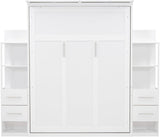 Queen Murphy Bed with Storage Drawers,LED Lights and Storage Bookcase Shelves,Wood Murphy Wall Bed Cabinet for Adults (White) MERITLINE