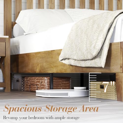 AMERLIFE King Size Wood Bed Frame, Mid-Century Wooden Platform Bed with Grille Headboard, Wood Slat System/No Box Spring Needed/Noise Free, Natural AMERLIFE