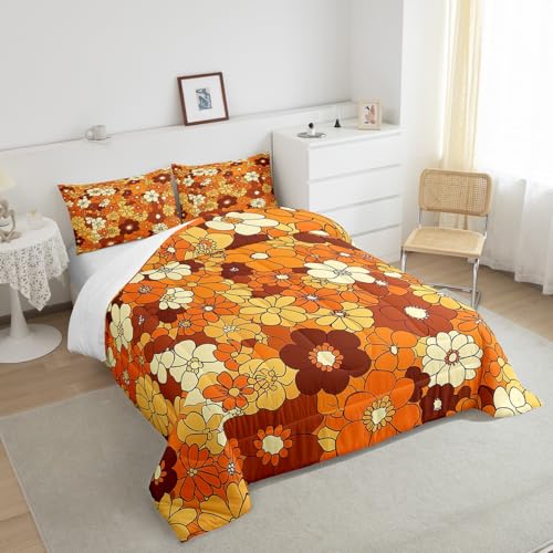 Boho Floral Bedding Set Twin Retro Groovy Flowers Down Comforter 60S 70S Hippie Flower Power Comforter Set For Kids Girls Women Groovy Natural Garden Botanical Quilt Duvet 1 Pillow Case Orange Brown Erosebridal
