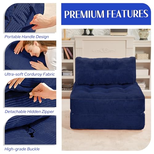 HABUTWAY Folding Sofa Bed, Convertible Sleeper Chair Bed w/Dual-Pillow & Handle, Foldable Floor Sofa Lounge w/Back Support for Living Room, Bedroom, Apartment, Office, Single, Navy Blue HABUTWAY