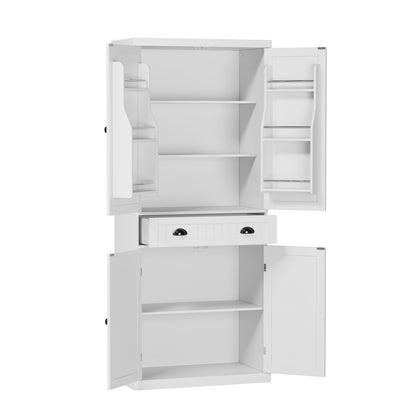 HOME BI 72'' Tall Kitchen Pantry Cabinet, Farmhouse Storage Cabinet with 4 Doors, Drawer and Adjustable Shelf, Freestanding Wooden Cupboard Buffet for Dining Room Living Room, White - WoodArtSupply