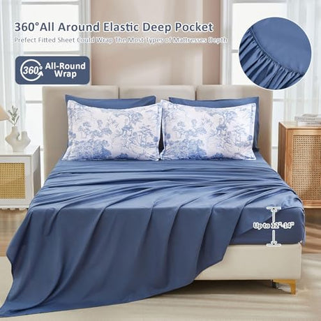 DJY Blue Comforter Set Queen, 7 Pieces Bed in a Bag Queen Size Botanical Comforters with Sheets Elegant Plants Print Soft Microfiber Reversible Complete Bedding Sets for All Season DJY