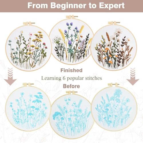 RidaaFri Embroidery Kit for Beginners, Set of 3 Flower Pattern DIY Kits for Adults & Starter, Hand Embroidery Practice Kit with Step-by-Step Guide & Video Tutorial, Includes Hoop, Needles, Floss