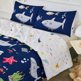 RYNGHIPY Kids Bedding Set for Queen Bed Reversible Ocean Animals Print Comforter Set for Boys Girls Easy-Wash Super Soft Microfiber Bed Set (Navy Ocean,Queen) RYNGHIPY
