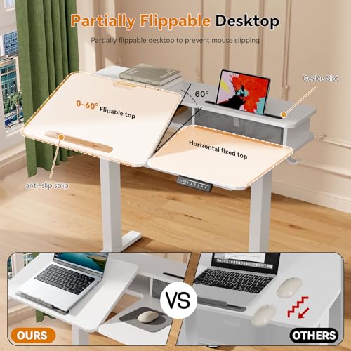 White Standing Desk，60° Tiltable Height Adjustable Electric Rising Desk，40Inch Foldable Mobile Laptop Table with Shelf,Monitor Stand, Drawer ,Flippable Drafting Workstation on Wheels for Kids’ Drawing Gibbon Mounts