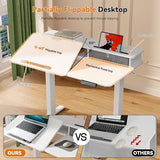 White Standing Desk，60° Tiltable Height Adjustable Electric Rising Desk，40Inch Foldable Mobile Laptop Table with Shelf,Monitor Stand, Drawer ,Flippable Drafting Workstation on Wheels for Kids’ Drawing Gibbon Mounts