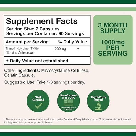 Double Wood Supplements TMG Trimethylglycine Supplement 1,000mg Per Serving, 180 Capsules (TMG Supplements for Homocysteine Control) Genuine TMG with Fishy Smell, Gluten Free, Non-GMO Double Wood Supplements