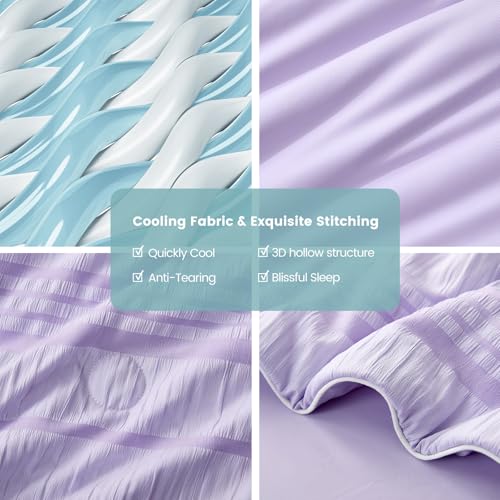 Cozy Bliss Seersucker Cooling Comforter Queen Size, Q-Max 0.45 Reversible Lightweight Cooling Blanket, Breathable Silk Smooth Summer Bedding Quilt for Hot Sleepers Night Sweats Purple Cozy Bliss