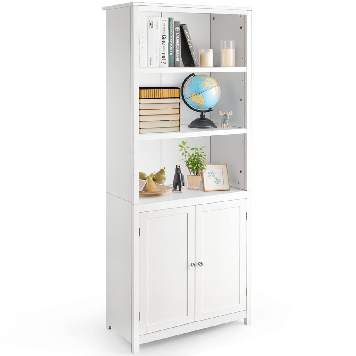 Tangkula 3-Tier White Bookcase with Double Doors for Elegant Storage Solutions Tangkula