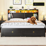 Etditrnp King Bed Frame with Storage Headboard, Farmhouse Platform Bed Frame with Bookshelf, Drawers, LED Lights and Charging Station, Metal Slats Support, Noise Free, No Box Spring Needed, Black Etditrnp