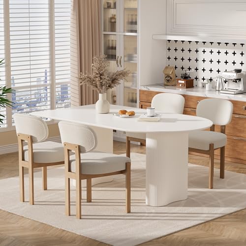 HAIZAO Modern Dining Table Set for 4, 5 Pieces Cream Kitchen Table Set,63Inch White Oval Dining Table with 4 Beige Chairs for Apartment Large Space HAIZAO