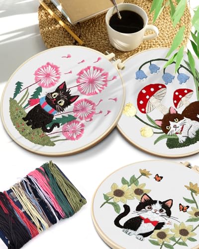 TINDTOP Embroidery Kit for Adults, Cat Embroidery Practice Kit for Beginners Include Embroidery Cloth Hoops Threads for Craft Lover Hand Stitch with Embroidery Skill Techniques TINDTOP
