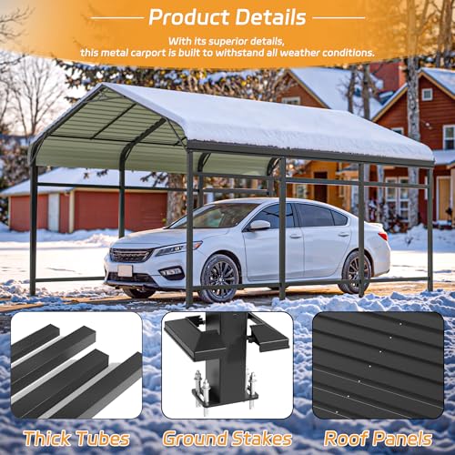 Patiowell 10'x15' Metal Carport, Heavy Duty Carport Canopy with Reinforced Frame and Galvanized Steel Roof, All-Weather Outdoor Car Shelter for Car, Truck, Boat and Tractor, Black Patiowell