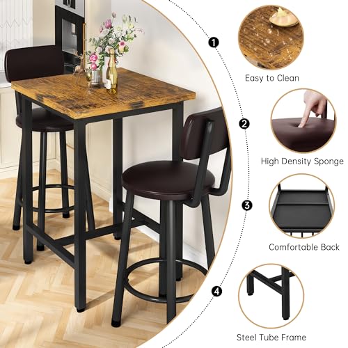 Recaceik 3 Piece Pub Dining Set, Modern bar Table and Stools for 2 Kitchen Counter Height Wood Top Bistro Easy Assemble for Breakfast Nook Living Room Small Space Restaurant, Rustic Brown 24” Recaceik