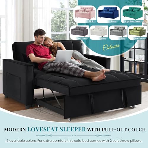 Antetek 3 in 1 Convertible Sleeper Sofa Bed, Modern Velvet Loveseat Futon Couch w/Pullout Bed, Small Love Seat Lounge Sofa w/Reclining Backrest, Toss Pillows, Pockets, Furniture for Living Room, Black Antetek