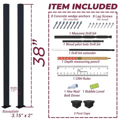 CR Fence & Rail Handrail Post, 2pcs 38" Wrought Iron Black Metal Railing Post with Bracket, Metal Fence Post Kit Ideal for Deck Railing, Balcony Railing, Porch Railing, & Post for Wood Fencing CHR