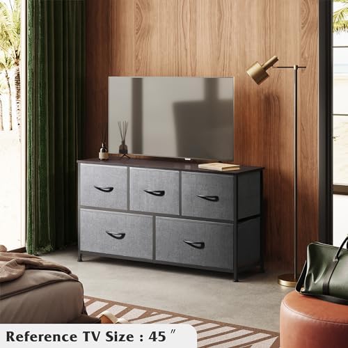 WLIVE Dresser for Bedroom with 5 Drawers, Wide Chest of Drawers, Fabric Dresser, Storage Organizer Unit with Fabric Bins for Closet, Living Room, Hallway, Dark Grey WLIVE