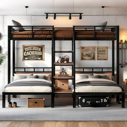 Bellemave Triple Bunk Bed for Kids Twin Over Twin & Twin with Storage Shelf & Stairs, Heavy Duty Metal Bunkbed Frame for Kids & Adults, Space Saving Triple Bunk Beds with Guardrails, Black Bellemave