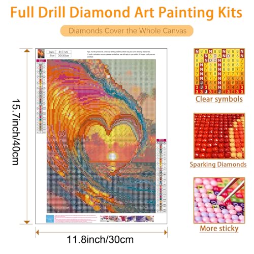 USZDL Sunset Landscape Diamond Art Kits for Adults,Wave Heart 5D Diamond Painting Kits for Beginners,Diamond Dots Round Full Drill Paint with Diamonds Pictures DIY Gem Art Painting Craft Kits 12x16in USZDL