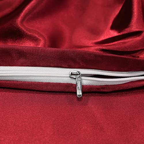 Satin Bedding Set Full Wine Red Silk Like Satin Duvet Cover Set Luxury Soft Burgundy Comforter Cover Adults Bedroom Decor Chic Luxurious Silky Bedspread Cover Zipper (1 Duvet Cover + 2 Pillow Case) Feelyou