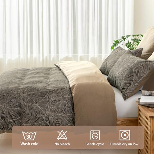 Lekesky King Size Duvet Cover Set, Reversible King Comforter Cover with Tropical Leaves Pattern, Soft 100% Washed Microfiber 3 Pieces Khaki Bedding Set with Zipper and 2 Pillowcases Lekesky