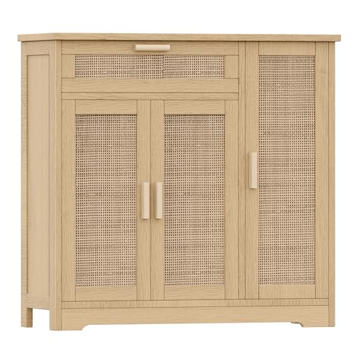 Keehusux Rattan Sideboard Buffet Cabinet, Floor Storage Cabinet with Drawer & 3 Doors, Freestanding Cabinet with Adjustable Shelf, Accent Cabinet for Kitchen, Living Room, Hallway, Natural KE - WoodArtSupply