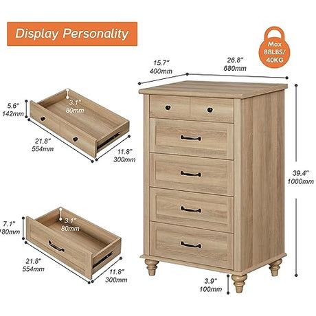 WAMPAT Small Dresser for Bedroom with 5 Drawers & Solid Wood Legs, Mid Century Modern Chest of Drawers Vertical Dresser Storage Organizer, Farmhouse WAMPAT