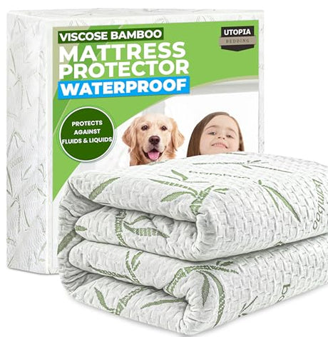 Utopia Bedding Waterproof Mattress Protector Queen Size Bed, Premium 200 GSM Bamboo Viscose Cooling Mattress Cover, Soft and Breathable, Fitted Style with 17 Inches Deep Stretchable Pockets Utopia Bedding