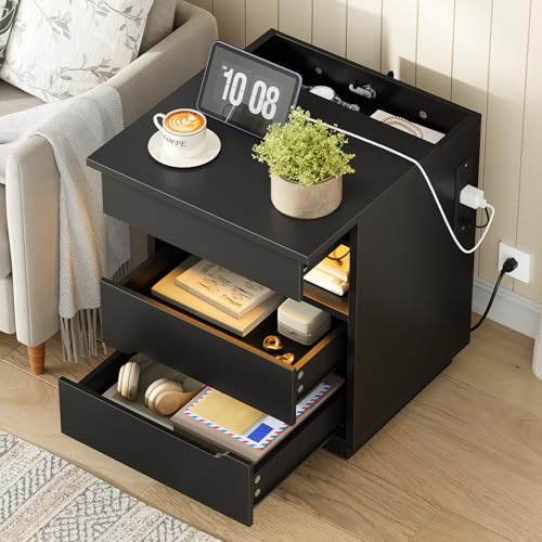 HOOBRO Nightstand with Charging Station, LED Bedside Table with Drawers, Lockable Hidden Compartment, Modern End Table, Night Stand for Bedroom, 2 AC Outlets, USB-A Port and Type-C, Black BB144UDBZ01 HOOBRO