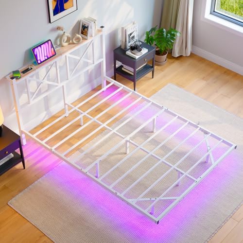MUZERUL Floating Bed Frame Full Size with LED Lights & Charging Station,Metal Platform Bed Frame Full Size with XX Headboard,No Box Spring Needed,Heavy Duty Steel Slats,Easy Assembly,Noise Free,White MUZERUL