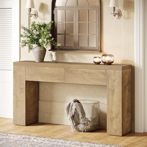 Tribesigns 63-Inch Wooden Console Table with 2 Hidden Drawers, Farmhouse Rustic Brown Sofa Table for Living Room, Hallway, Entrance, Foyer, Easy Assembly (Brown) Tribesigns