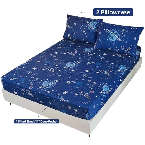 MAG 3 Pcs Bedding Sheet Set,Space Galaxy Planets Stars Queen Sheet Set,for Kids Teens Boys Girls and Space-Lovers,Microfiber with 1 Fitted Sheet 14'' Deep Pocket and 2 Pillowcases. MAG