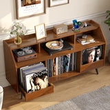 55 Inch Record Player Stand with LED Light, Modern Vinyl Record Storage Cabinet with 2 Drawers & Open Shelves, Holds up to 500 Albums, Turntable Stand w/Charging Station for Living Room Bedroom Walnut ONBRILL