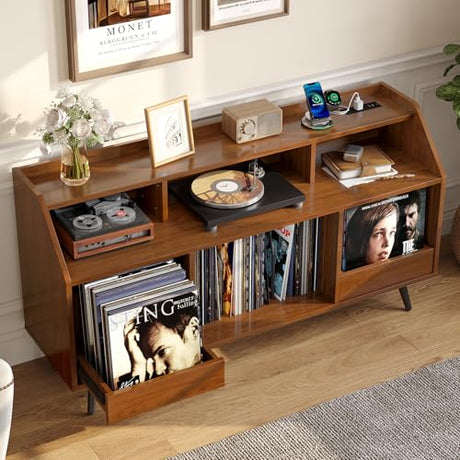55 Inch Record Player Stand with LED Light, Modern Vinyl Record Storage Cabinet with 2 Drawers & Open Shelves, Holds up to 500 Albums, Turntable Stand w/Charging Station for Living Room Bedroom Walnut ONBRILL