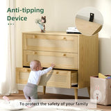 infurnic 3 Drawer Rattan Dresser for Bedroom, Modern Wooden Dresser Chest with Handles for Bedroom, Hallway and Living Room, Wood Oak infurnic