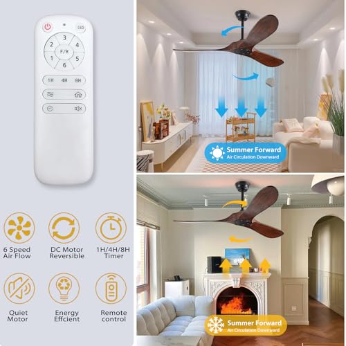 YKXONFA Solid Wood Ceiling Fans Without Light, 52 inch Real Wood Ceiling Fan with 6-Speeds 3 Wood Blades, Indoor Outdoor Ceiling Fans for Garage, Farmhouse, Living Room, Bedroom, Office YKXONFA