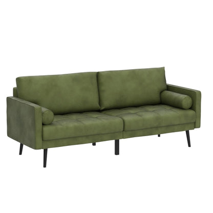 Vonanda Velvet Sofa Couch, Mid Century Modern Craftsmanship 73 inch 3-Seater Sofa with Comfy Tufted Back Cushions and 2 Bolster Pillows for Compact Living Room, Elegant Mustard Green