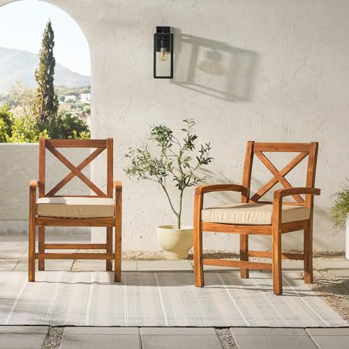 Walker Edison Delray Classic Acacia Wood X Back Patio Chairs with Cushions, Set of 2, Brown Walker Edison