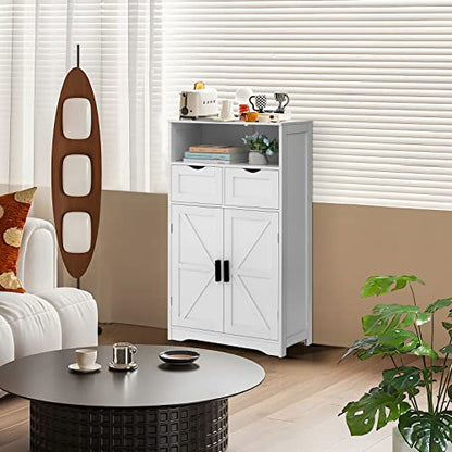 WEENFON Vintage White Floor Cabinet with Barn Doors, 2 Drawers, and Adjustable Shelf for Versatile Home Storage