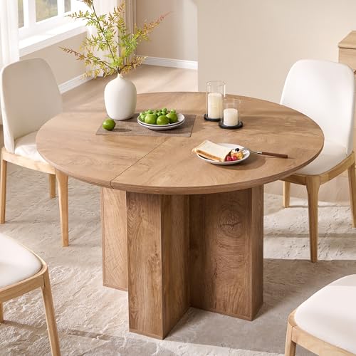 OKD 47" Round Dining Table for 4 People, Modern Pedestal Kitchen Table with Stable Cross Base & Thick Wood Top, Circle Dinner Table for Dining Room, Kitchen, Living Room, Light Tree Knot (Table Only) OKD