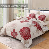Yiran 7 Pieces Queen Comforter Set Red Floral Bed in a Bag Soft Microfiber Bedding Set 90"×90"(1 Comforter 1 Flat Sheet 1 Fitted Sheet 2 Pillowshams 2 Pillowcases) Yiran