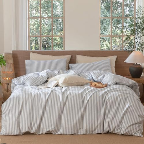 MooMee Striped Duvet Cover Set 100% Washed Cotton Linen Like Textured Breathable Durable Soft Comfy (Cornflower Blue White Classic Stripes, King 104"x90") MooMee