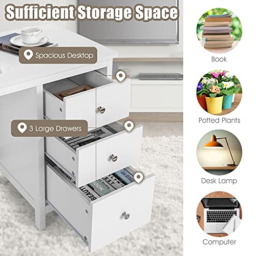 Tangkula White Desk with Drawers, Modern Home Office Computer Desk with Storage Drawers & Spacious Desktop, Compact Writing Study Desk Laptop Desk for Bedroom, Multipurpose Workstation - WoodArtSupply