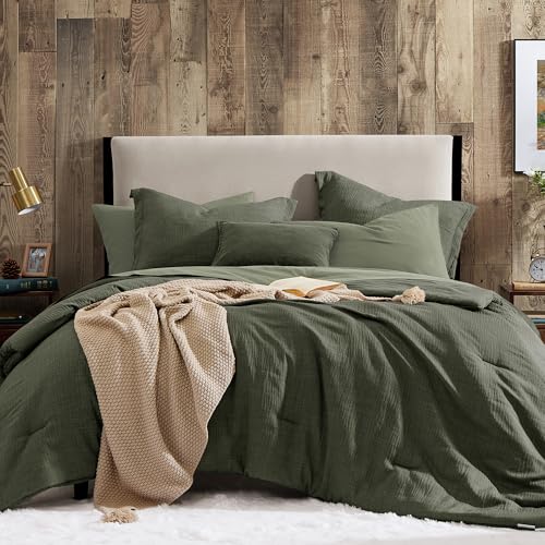 Geniospin Dark Olive Green Full Comforter Set - 7 Pieces Comforter Full Size, Solid Bedding Set for All Season, Textured Bed in a Bag with Sheets Geniospin