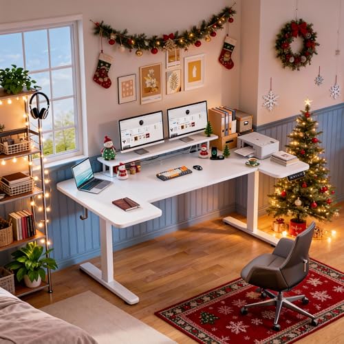 EnHomee 71 Inch Standing Desk Adjustable Electric with Monitor Stand, Computer Desk with Power Strip, Memory Height Home Office Desk for Home and Study Room, White EnHomee