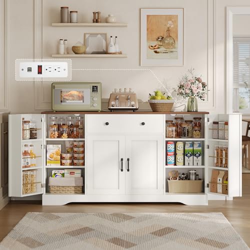 Brinlawb Buffet Cabinet with Storage & Charging Station, 53" Farmhouse Coffee Cabinet with Compartment Drawer, Sideboard Cabinets with Door and Adjustable Shelves for Kitchen, White Brinlawb