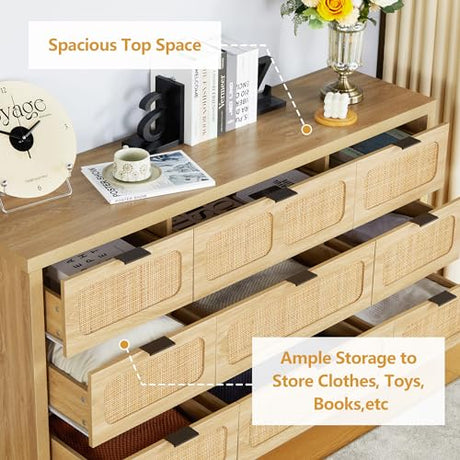 LEVNARY 9 Drawer Dresser for Bedroom, Rattan Dressers & Chest of Drawers, Large 58" Long Dressers Wooden Storage Organizer Dresser for Closet, Entryway, Living Room (Natural) LEVNARY