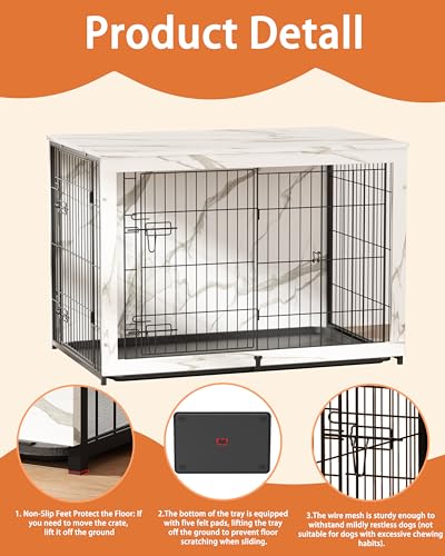 Megidok Wooden Dog Crate Furniture with Cushion,Large Dog Crate End Table with Tray, Double Doors Kennels Indoor (43.1" L*28.6" W*30.3" H, Marble White) Megidok