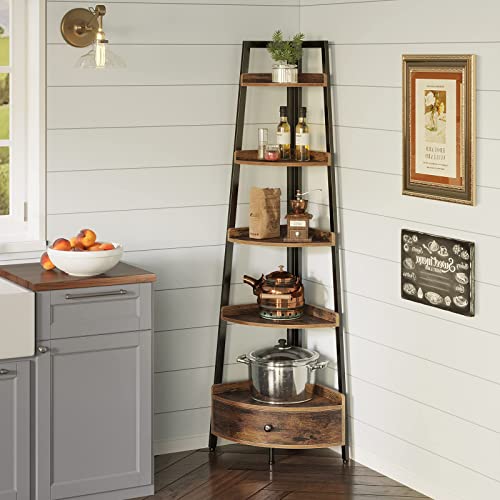 Seventable Rustic Brown 5-Tier Corner Shelf with Drawer – Versatile Storage Solution for Home and Office - WoodArtSupply